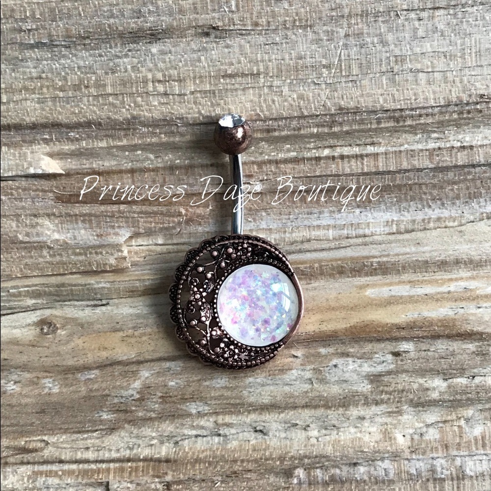Antique Rose Gold Opal Moon Belly Button Ring